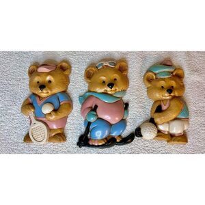 Vintage Burwood 3 pc Bear Sports Wall Plaque Decor Pink Blue Nursery Child
